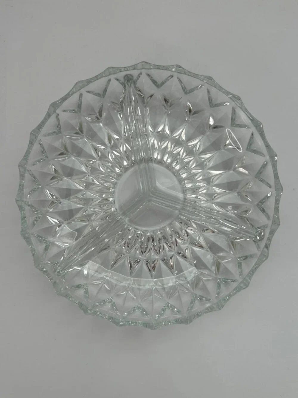 Vintage MCM Clear Glass Divided Makeup Trinket Serving Dish Diamond Pattern Glam